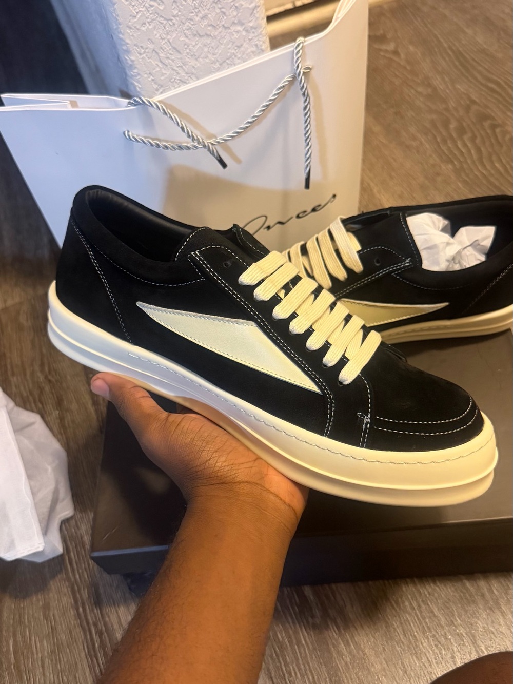 Rick Owens Black and Cream Low-Top Suede Sneakers